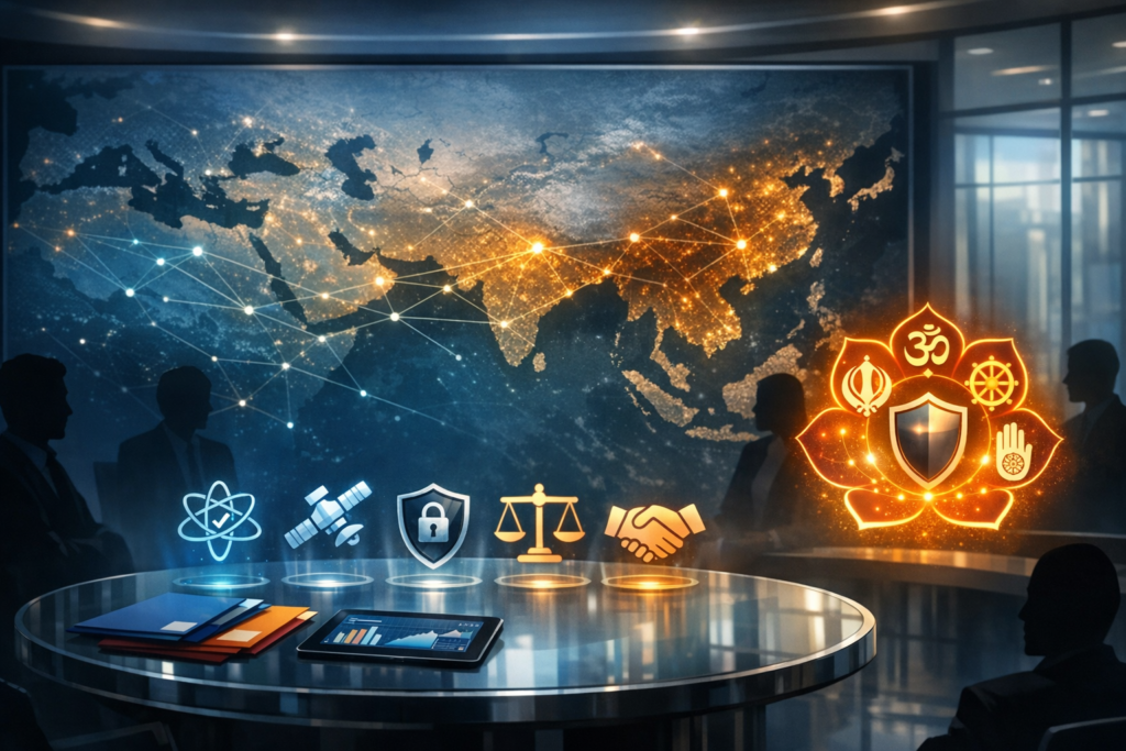 Silhouetted delegates sit at a round table before a glowing Asia map with network links, with icons for science, satellites, cybersecurity, law, and diplomacy beside a lotus with faith symbols.