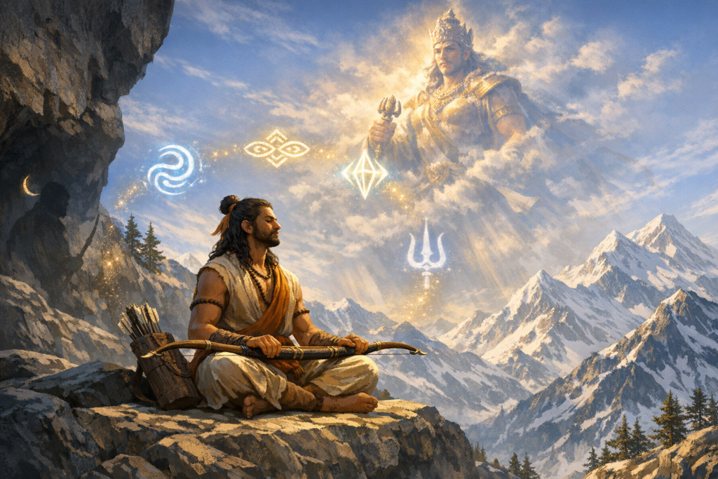 Warrior-monk on a rocky Himalayan ledge with bow and quiver, gazing at a radiant, mythology-inspired deity of cloud and light, ringed by glowing sigils—including a trident—above rugged peaks.