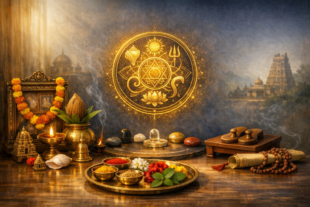 Traditional Hindu puja altar with brass lamps, coconut, marigold garland, conch shell, glowing yantra on wall, Shiva lingam, spice powders and flowers on a thali, rudraksha beads, and a temple.