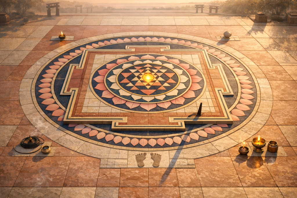 Sunlit stone courtyard featuring an inlaid Sri Yantra sacred geometry mandala of nested triangles and lotus petals, with lamps and bowls, carved footprints, and a gnomon shadow. {post.categories}
