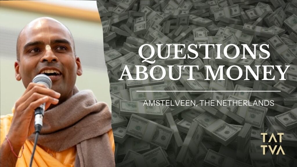 Promotional image for Questions About Money in Amstelveen, the Netherlands: a speaker with a microphone on the left and stacks of US dollar bills on the right; finance talk graphic, testing category.