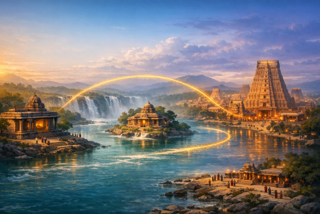 Sunset river scene with cascading waterfalls, South Indian–style temples on islands and banks, a glowing arc of light linking shrines, groups of pilgrims on stone steps, hazy hills beyond.