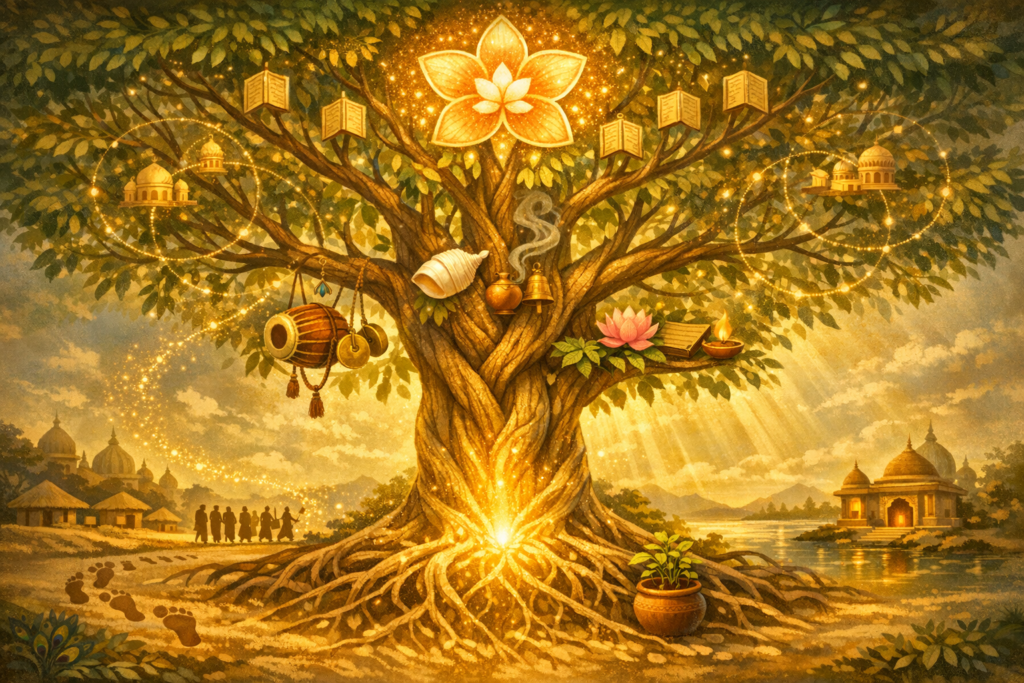 Golden-hued illustration of a sacred tree by a riverside temple, its roots glowing and branches holding scriptures, lotus, conch, and drum; pilgrims, footprints, and a tulsi pot shape a bhakti scene.