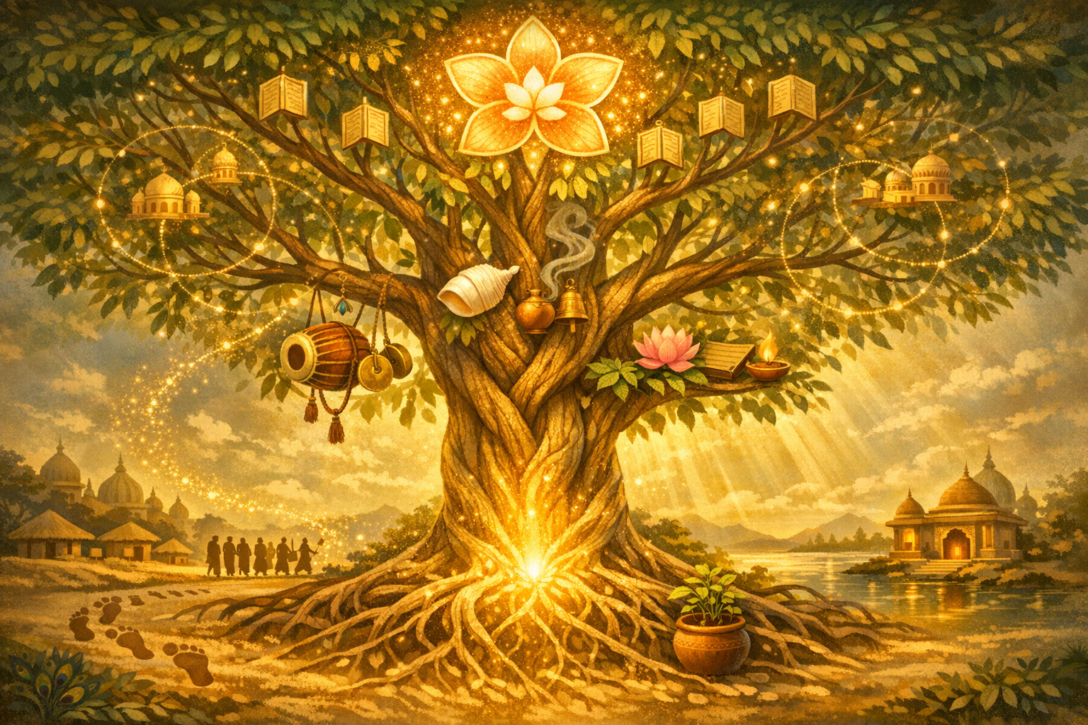 Golden-hued illustration of a sacred tree by a riverside temple, its roots glowing and branches holding scriptures, lotus, conch, and drum; pilgrims, footprints, and a tulsi pot shape a bhakti scene.