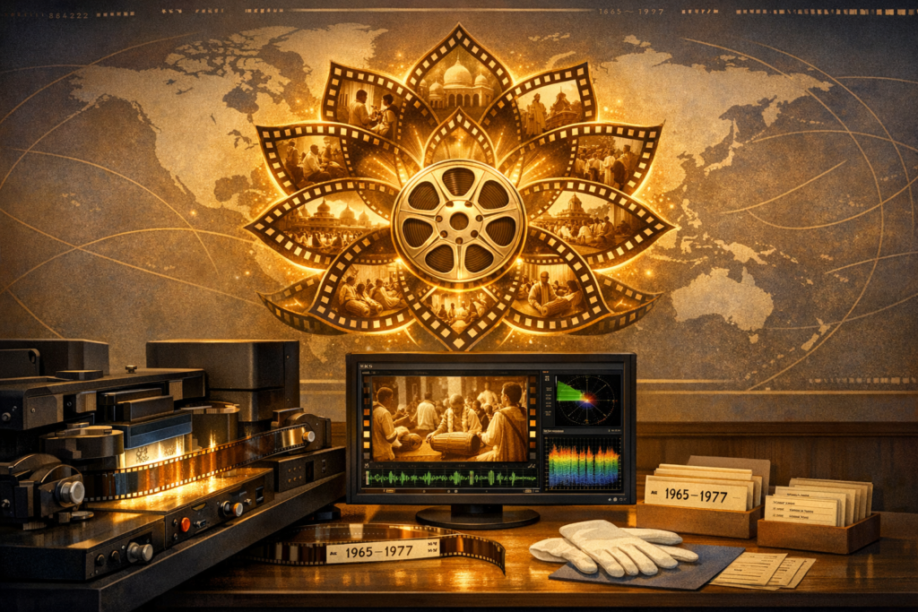 Archival film restoration suite with scanner, monitor and gloves before a world map; a lotus reel of sepia scenes and a 1965–1977 timeline signal archival preservation — {post.categories}