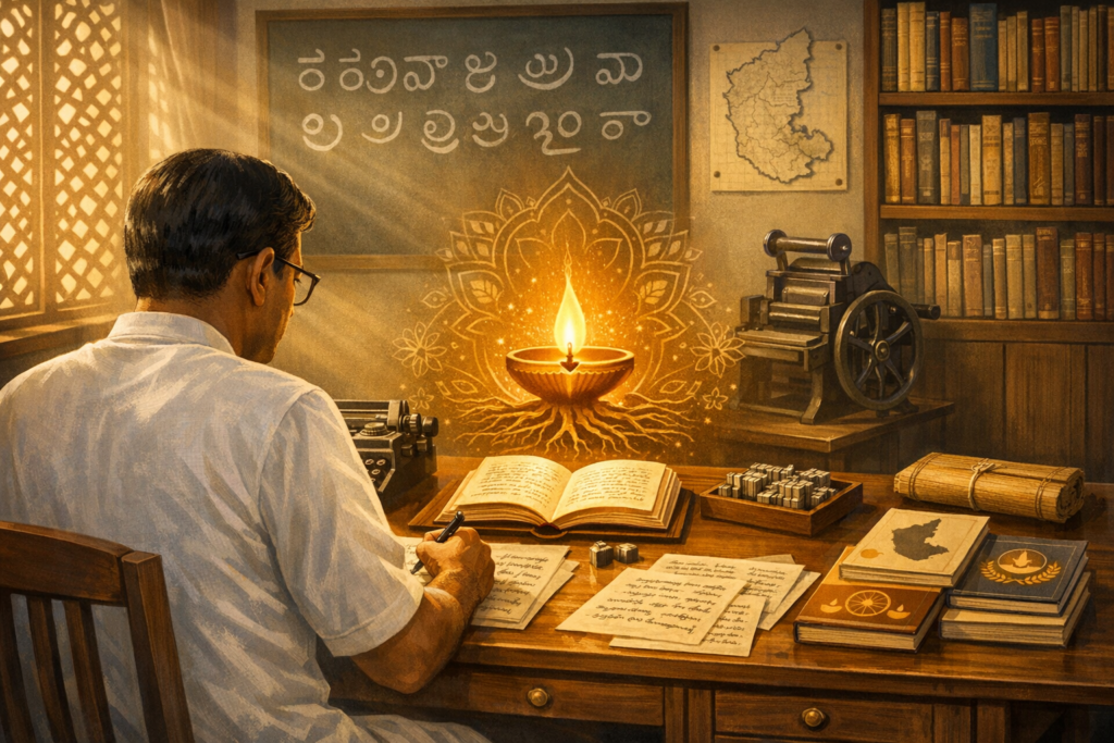 Kannada writer at a wooden desk drafts text near movable type and a vintage printing press, under a glowing diya and chalkboard script, with a Karnataka map and library shelves behind.