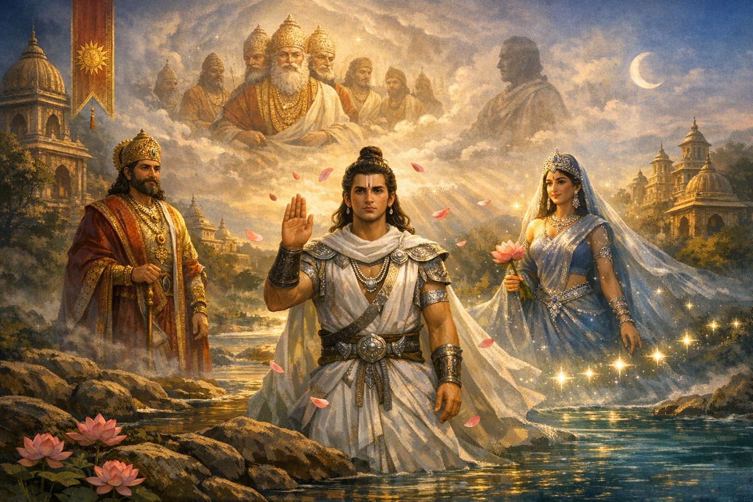 Epic Hindu mythology scene by a river: a hero in white armor raises a blessing hand, a lotus-holding goddess beside him, a king nearby, and sages glow in clouds above temple domes and a crescent moon.