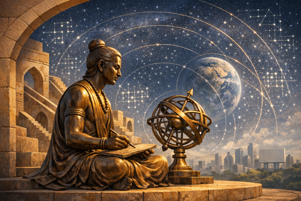 Bronze statue of an ancient astronomer-mathematician writing beside an armillary sphere, under a starry sky with constellations and Earth, framed by stone arches and a distant modern city skyline.