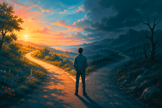 Illustration of a lone person at a forked path, sunrise lighting a warm road on the left and a stormy road on the right, symbolizing cheating death, second chances, and perspective on life.