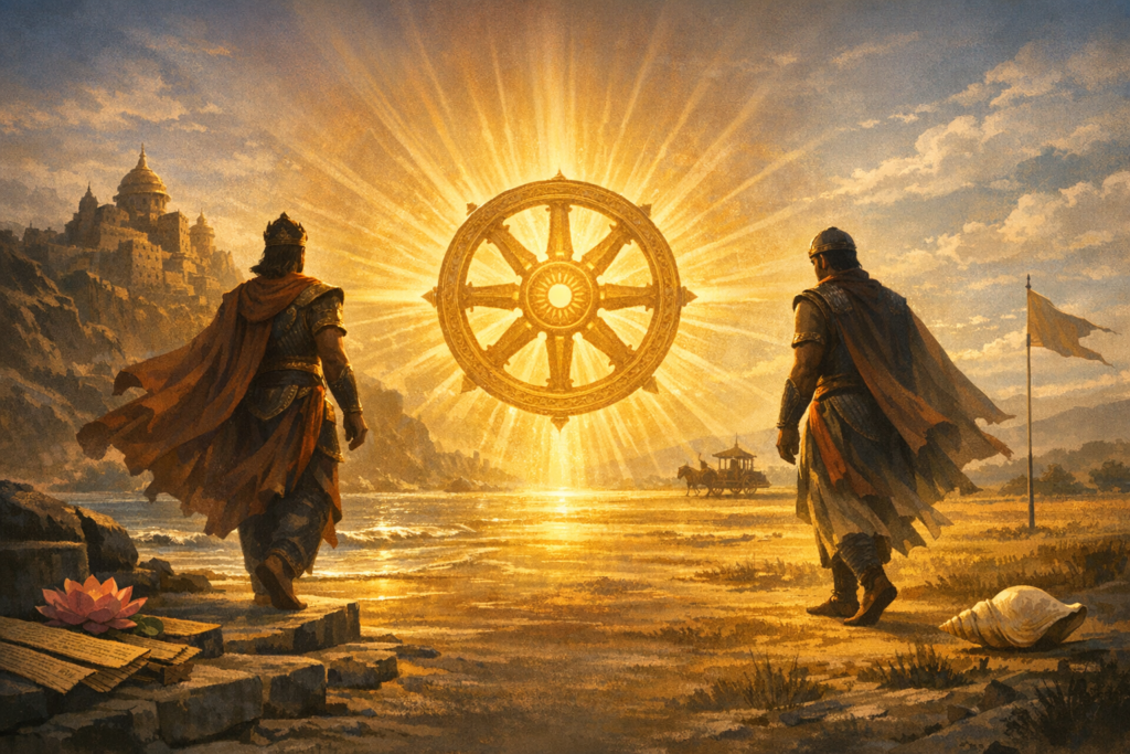 Two robed warriors stand at dawn before a radiant Dharma Chakra over a shoreline, as light bathes a cliffside temple, lotus, palm-leaf scrolls, conch shell, and a distant chariot, a mythic vision of dharma and destiny.