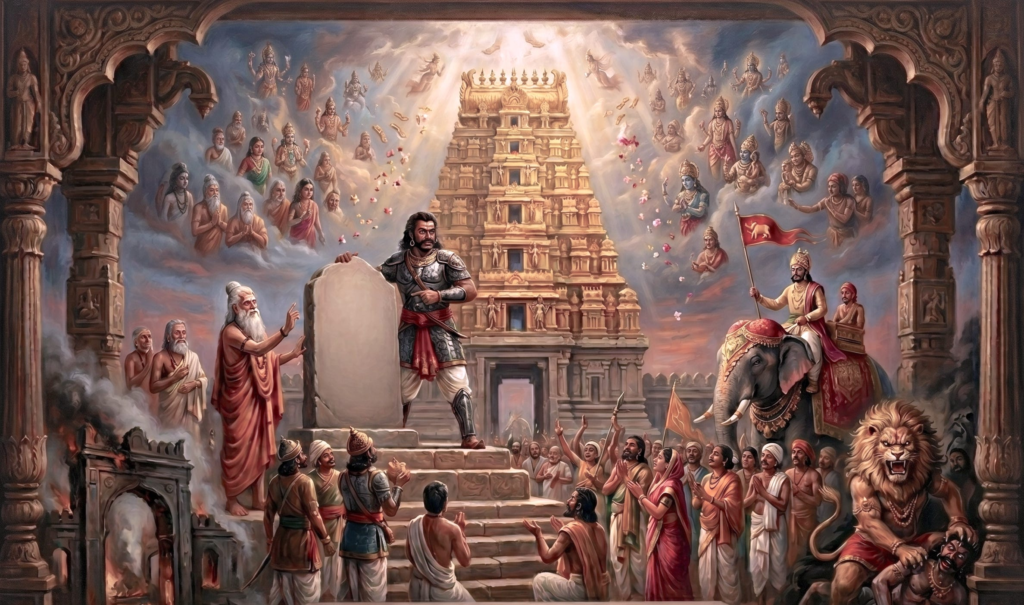 Illustration of the Belur Chennakeshava Temple's seven-storeyed Hoysala gopuram, a leader on temple steps, priests and villagers cheering, elephant with flag, and deities showering flowers.