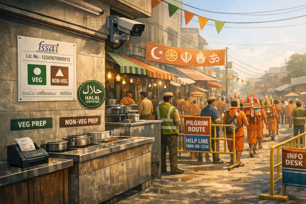 Busy Indian street market along a marked pilgrimage route, with security barriers, orange-clad devotees, FSSAI veg and non-veg and halal signs at a food stall, CCTV, help line board, and info desk.