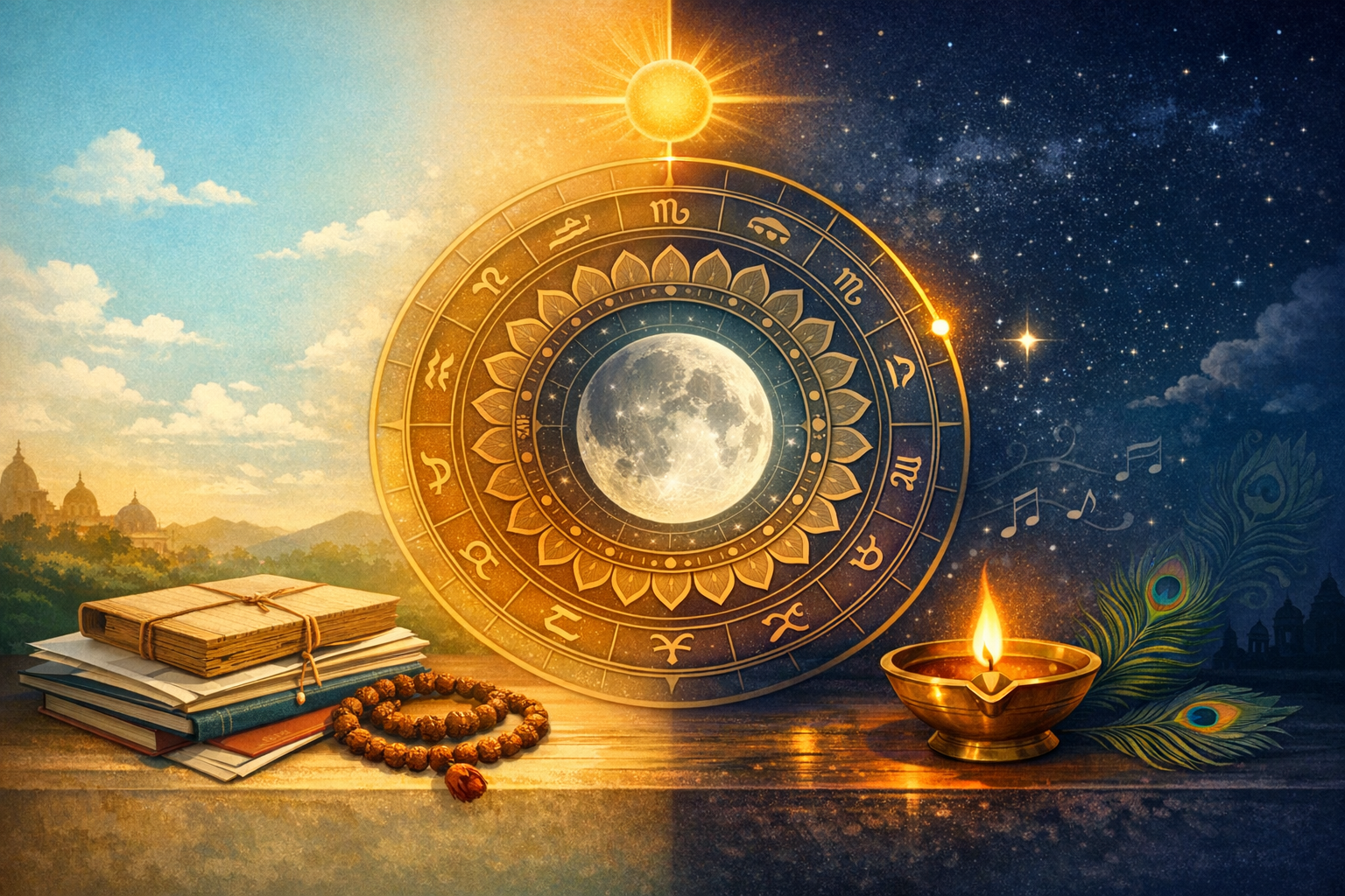Vedic astrology scene showing a golden zodiac wheel split by day and night, with the moon at center and sun above; stacked books and rudraksha beads on the left, a lit brass diya and peacock feathers on the right.