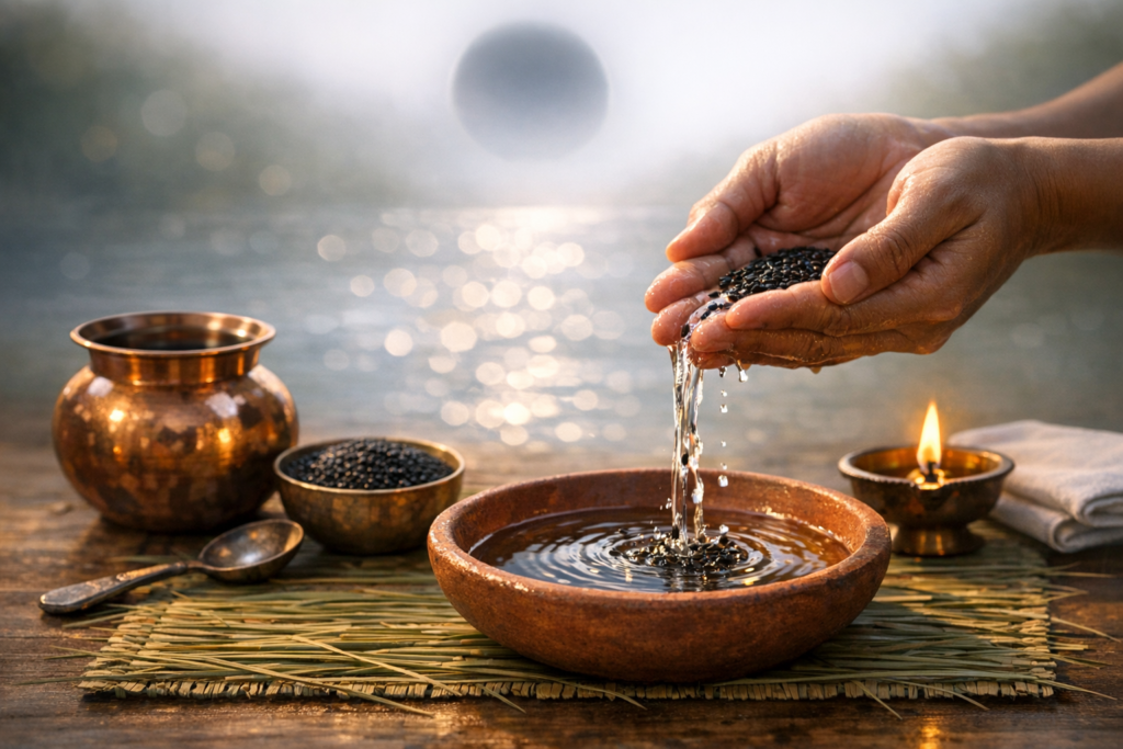 Hands rinsing black sesame seeds over a clay bowl as water drips into shimmering ripples; a copper pot, brass oil lamp, spoon, and straw mat rest on a wooden table beside a tranquil waterside.