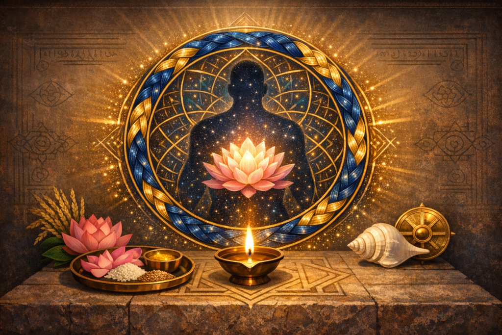 Illustrated altar with a glowing oil lamp before a star‑filled human silhouette; a lotus at the heart, framed by a blue‑gold mandala, with grains and a conch, evoking meditation and mindfulness.