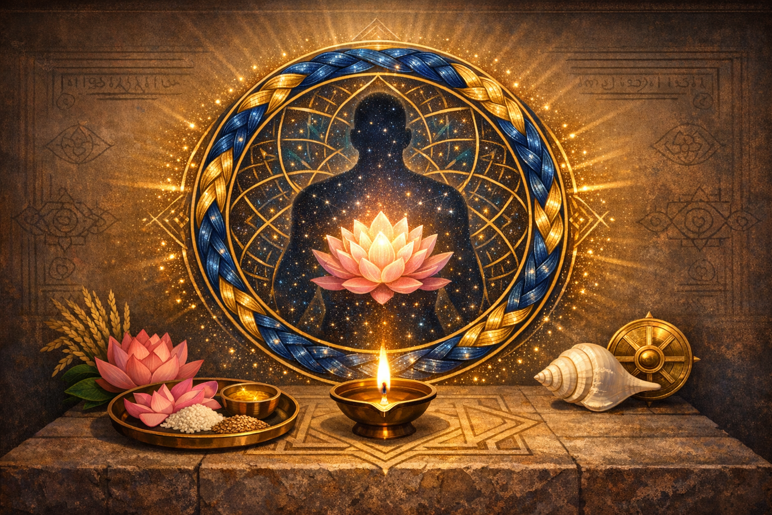 Illustrated altar with a glowing oil lamp before a star‑filled human silhouette; a lotus at the heart, framed by a blue‑gold mandala, with grains and a conch, evoking meditation and mindfulness.
