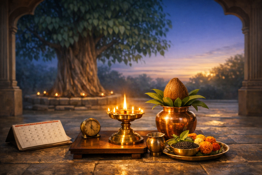 Multi-wick brass diya and copper kalash with coconut and mango leaves, set beside a calendar, clock, marigolds, and sesame on a temple floor for Hindu puja, with a lamp-lit sacred fig tree at dawn.