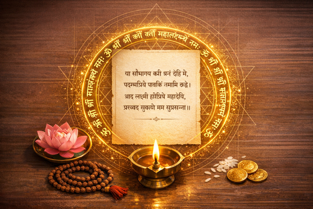 Sanskrit Lakshmi mantra on parchment within a glowing golden yantra, with a lit brass diya, pink lotus, rudraksha mala, rice grains, and gold coins on a wooden surface for Diwali Lakshmi Puja.