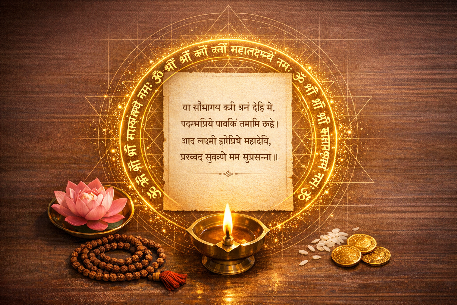 Sanskrit Lakshmi mantra on parchment within a glowing golden yantra, with a lit brass diya, pink lotus, rudraksha mala, rice grains, and gold coins on a wooden surface for Diwali Lakshmi Puja.