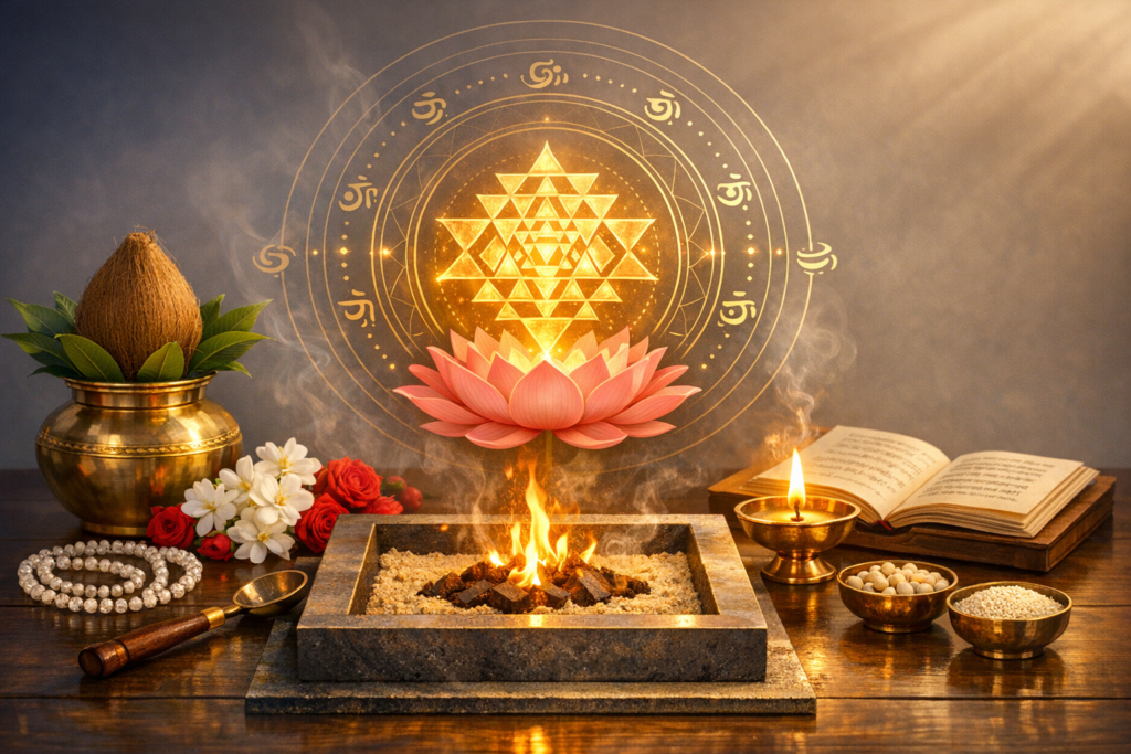 Vedic puja setup with a sacred fire, pink lotus before a glowing Sri Yantra, brass kalash with coconut and leaves, diya lamp, japa mala, flowers, grains, and an open scripture—Hindu ritual.
