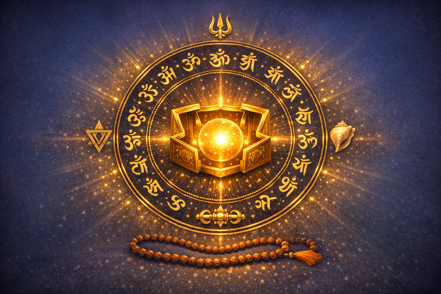 Golden mandala with Sanskrit Om and bija mantras around a radiant orb in an ornate box, with trishul, conch shell, rudraksha mala and yantra on a deep blue background, evoking spirituality and meditation.