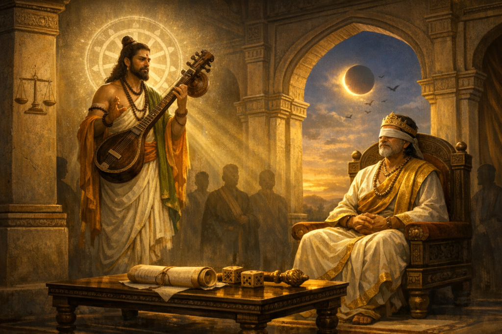 Blindfolded king on an ornate throne as a robed sage strums a veena in a sunlit Indian palace; a solar eclipse hangs beyond arches; scrolls, dice, and a mace on a table signify law, fate, and dharma.