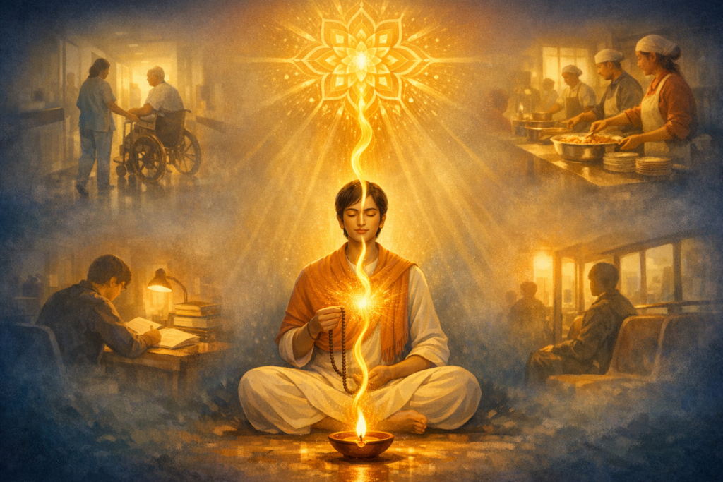 Illustrated meditator holds prayer beads beside a lit oil lamp as a golden stream rises to a lotus; surrounding vignettes show hospital caregiving, soup-kitchen service, studying, and transit.