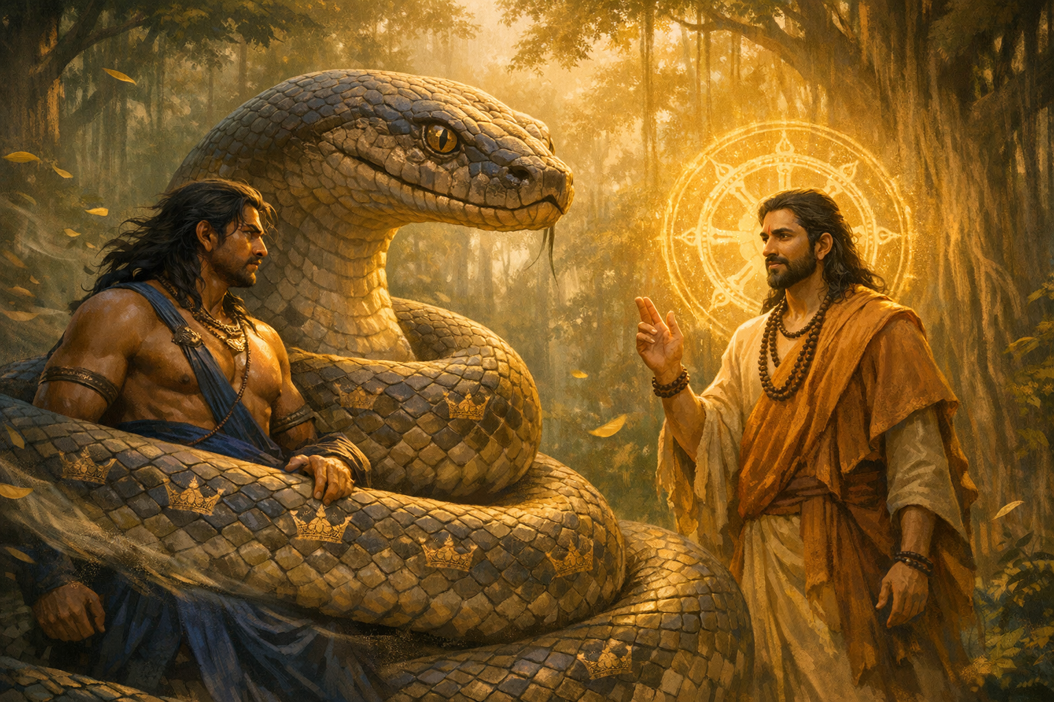 Golden forest scene: a calm robed sage raises a blessing as a giant serpent coils around a muscular warrior; a bright mandala-like halo glows behind the sage, leaves drifting through warm light.
