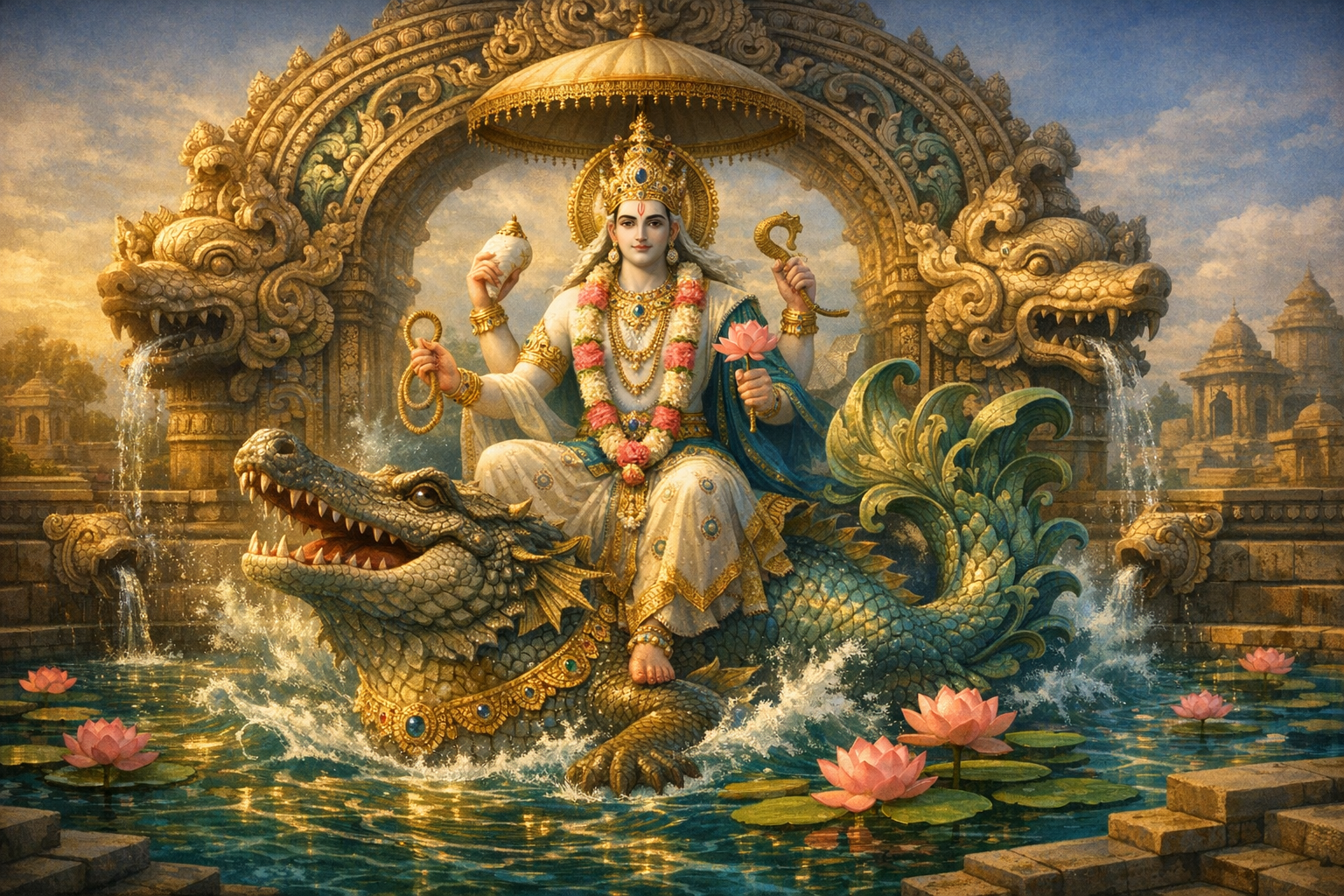 Painting of a Hindu water deity riding a Makara (crocodile-like sea creature) in a lotus-filled temple pool, holding a conch, lotus, and rope under an umbrella, framed by sculpted lion fountains.