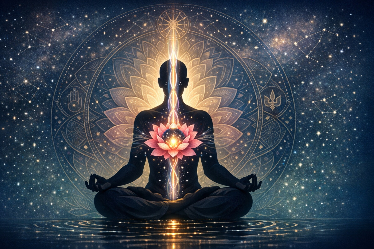 Silhouette of a person meditating cross-legged with a radiant lotus at the heart and a vertical beam along the spine, encircled by a golden mandala beneath a star-filled sky, mirrored on still water.