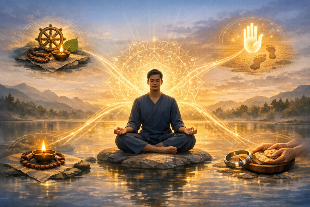 Meditating person on a lake rock at sunrise, glowing mandala behind them. Golden lines link to symbols: Dharma wheel, mala and lamp, ahimsa hand with footprints, and bread offering by steel bangle.