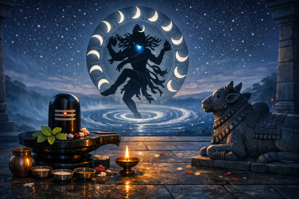 Hindu temple scene with Shiva lingam, diya, and brass vessels before a stone Nandi, while a cosmic silhouette of Nataraja dances amid lunar phases over a swirling galaxy under a starry night sky.