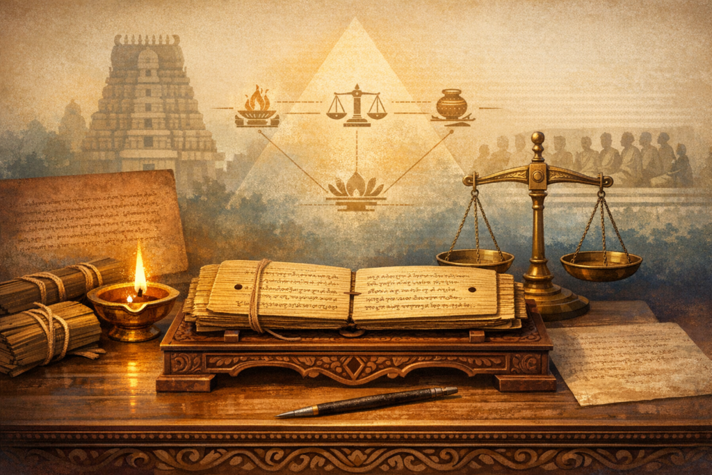 Illustration of a carved desk with palm-leaf manuscripts in Indic script, a brass balance scale, and a lit oil lamp; a distant temple and symbols of fire, scales, pot, and lotus evoke dharma and law.