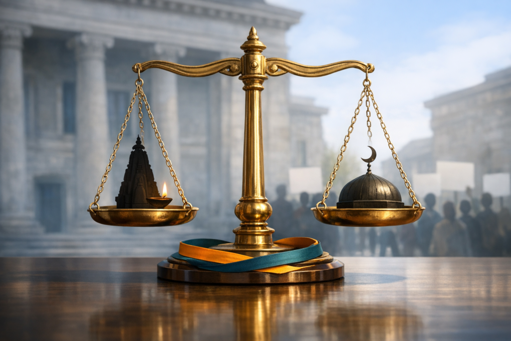 Golden balance scale displaying a temple with a lamp and a mosque dome with crescent before a courthouse, symbolizing religious freedom, secularism, equality before law, and constitutional rights.