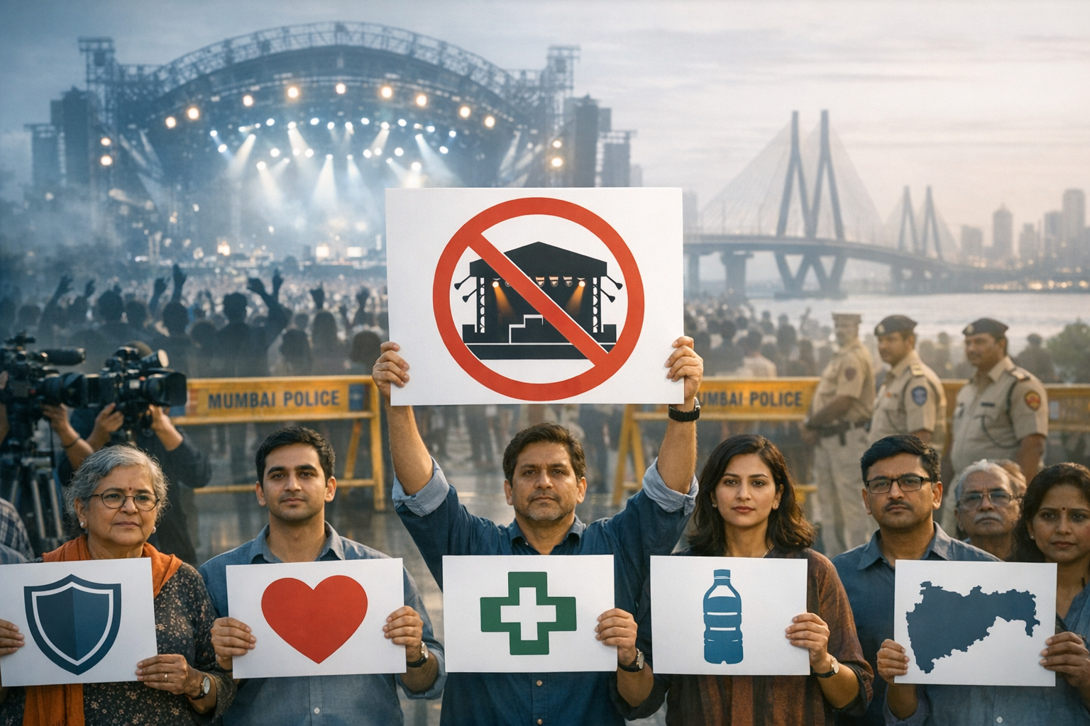 Group holds protest signs before a waterfront concert in Mumbai; center placard shows a crossed-out stage, others show shield, heart, medical cross, water bottle, and state map, with police nearby.