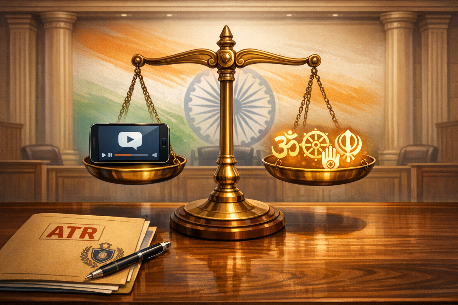 Indian courtroom illustration with a brass scale weighing a smartphone video icon against glowing religious symbols, highlighting law, content moderation, religion, and online free speech regulation in India.
