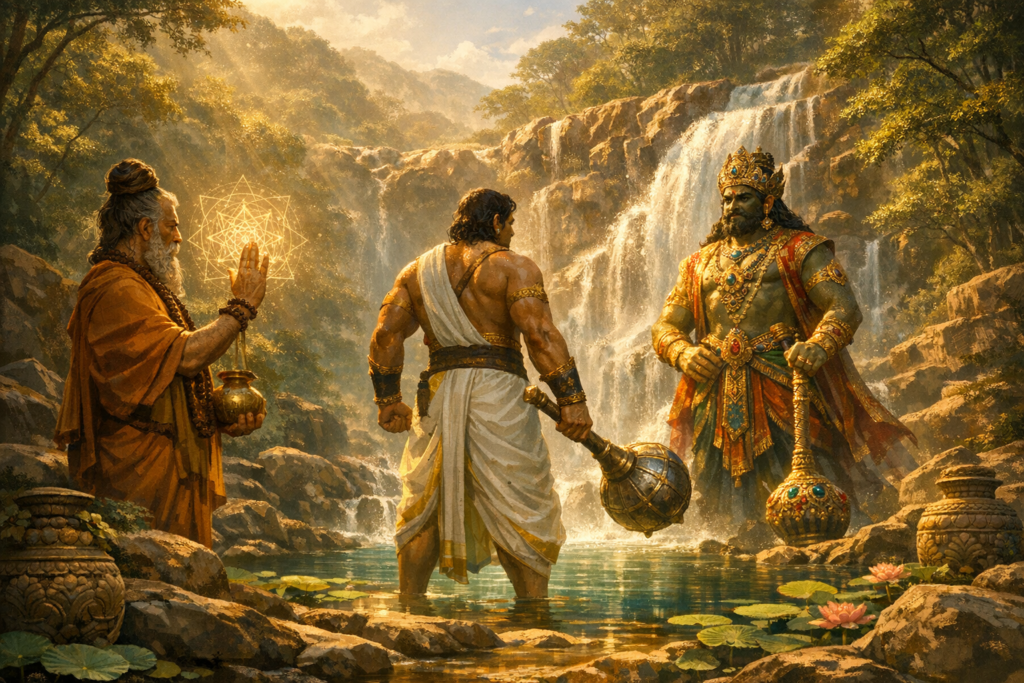 Mythic waterfall scene: left, a robed sage raises a glowing yantra; center, a muscular warrior in white grips a mace; right, a crowned figure confronts him in a lotus-lined pool. {post.categories}