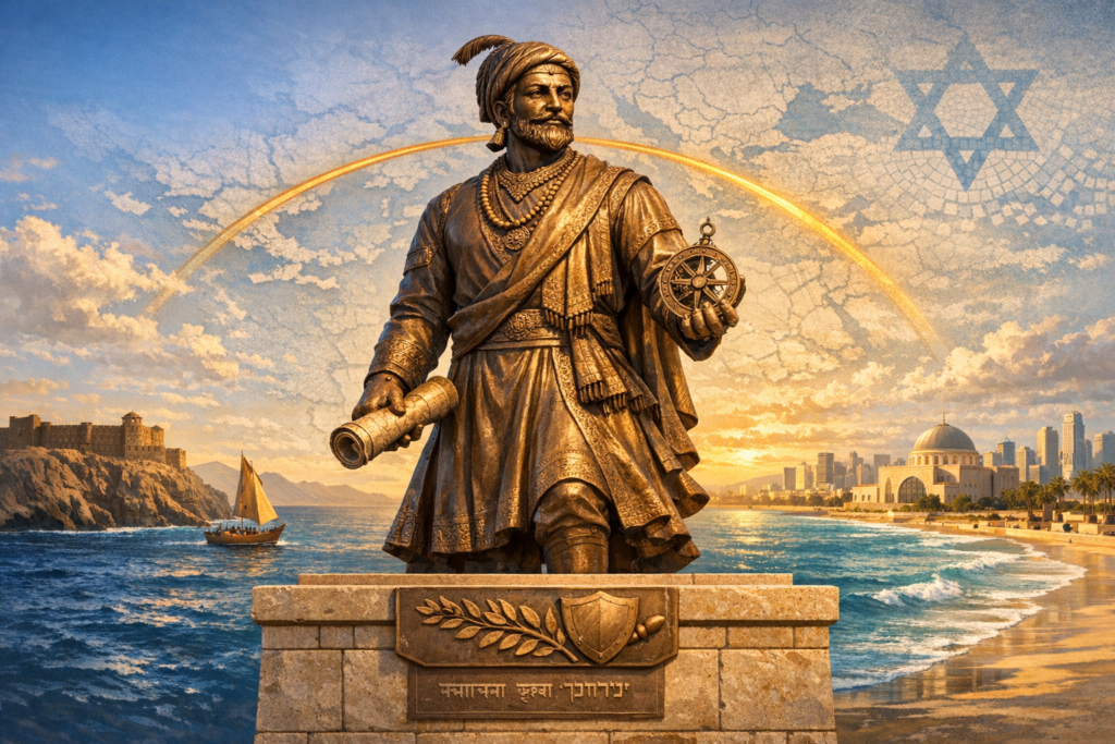 Bronze statue of a historic navigator holding a compass and scroll on a coastal promenade at sunset, with a sailboat, cliffside fort, modern skyline, domed landmark, and mosaic star motif overhead.