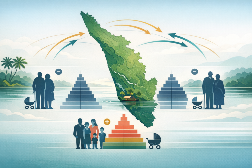 Infographic of Kerala, India: map with migration arrows, population pyramids, elders with prams, and a young family, showing an ageing population, low fertility rate, and youth out-migration.