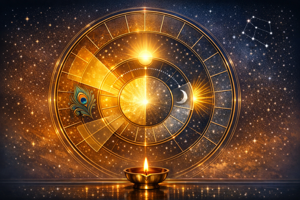 Golden astrological wheel with sun and crescent moon against a star-filled sky, a small oil lamp below, and a peacock feather - evoking zodiac cycles, Vedic astrology, horoscope, and spirituality.
