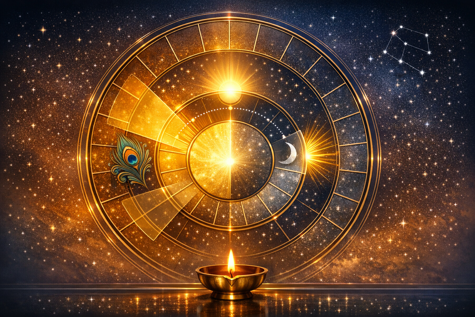 Golden astrological wheel with sun and crescent moon against a star-filled sky, a small oil lamp below, and a peacock feather - evoking zodiac cycles, Vedic astrology, horoscope, and spirituality.