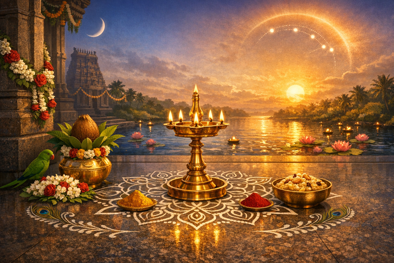 Brass deepam oil lamp on a white kolam, with turmeric, kumkum, coconut kalash, sweets, and garlands; lotus diyas float on a river beside a temple at sunset under a crescent moon; parrot nearby.