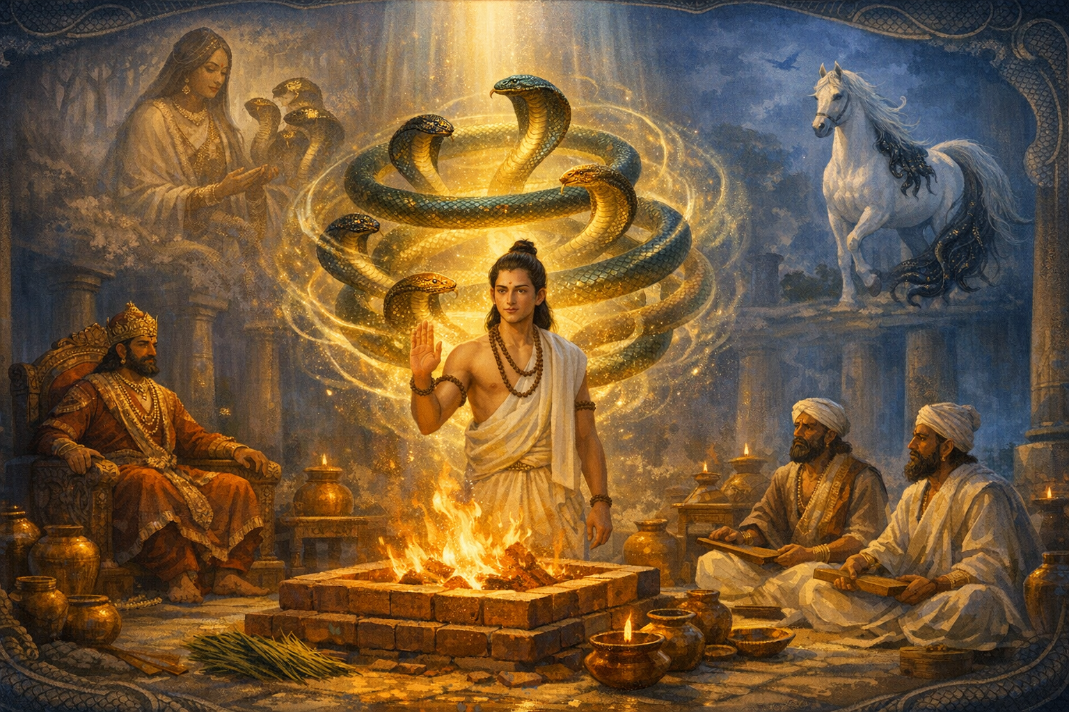 A young sage stands before a brick fire altar, hand raised, while luminous serpents coil above; a crowned king, three scholars, and a white horse watch in a moonlit temple, echoing Hindu mythology.