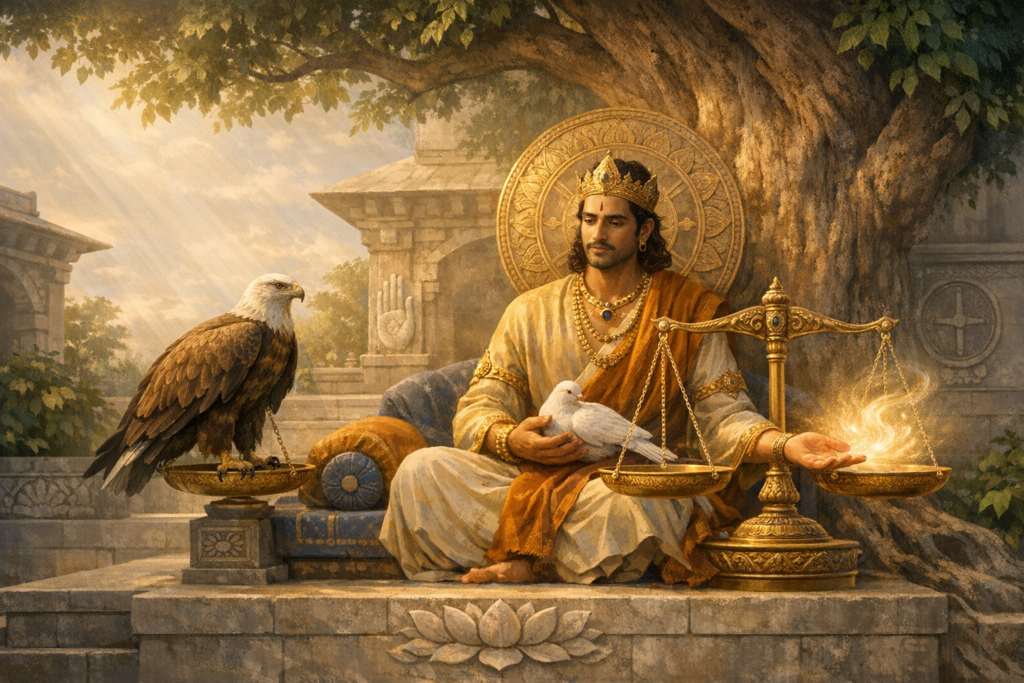 Golden-hour portrait of a crowned ruler beneath a wide tree, holding a white dove on ornate scales opposite a pan of glowing light, with an eagle nearby—an image of justice, ethics, balanced leadership.