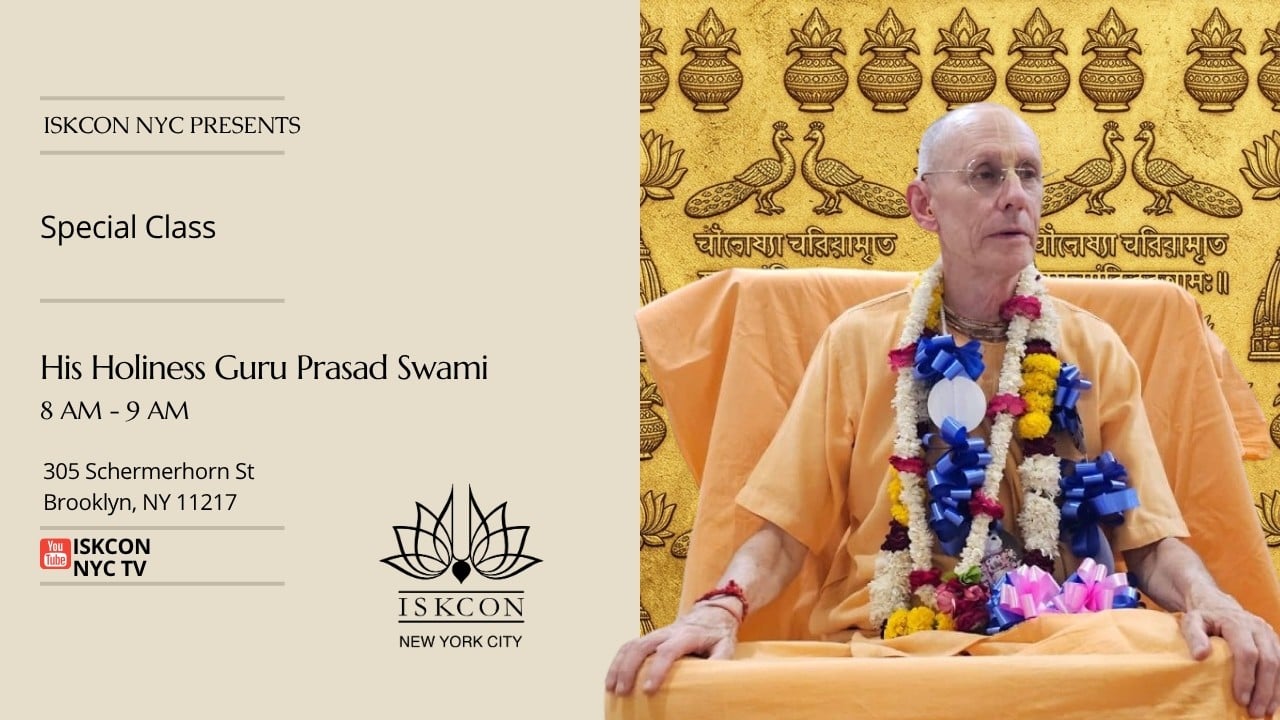 ISKCON NYC poster for a Special Class: a saffron-robed monk with flower garlands sits before a gold peacock backdrop; text reads 'His Holiness Guru Prasad Swami,' 8-9 AM, Brooklyn. testing