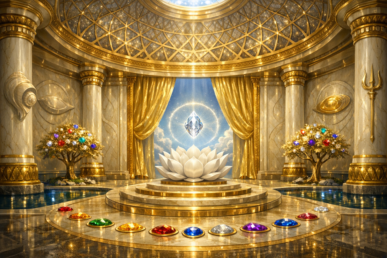 Opulent golden sanctuary with marble columns and a domed lattice ceiling. A radiant crystal hovers above a white lotus, while rainbow gemstones line the steps beside jewel trees and reflecting pools.