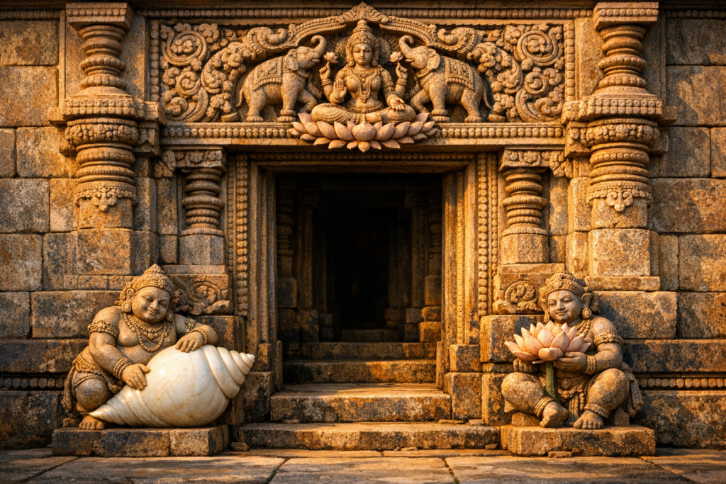 Sunlit stone temple entrance with intricate carvings: a lotus-seated deity with elephants above and guardian figures holding a conch and lotus beside a shadowed sanctum, weathered and symmetrical.