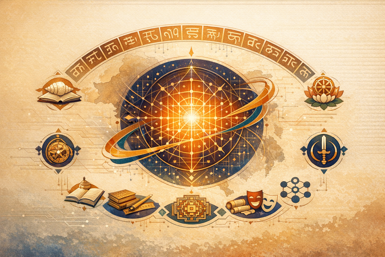 Illustrated cosmos of Indic knowledge: a radiant geometric mandala with orbital rings, encircled by icons of Vedic texts, lotus, compass, yantra, masks, and a Devanagari-like script over a faded map.