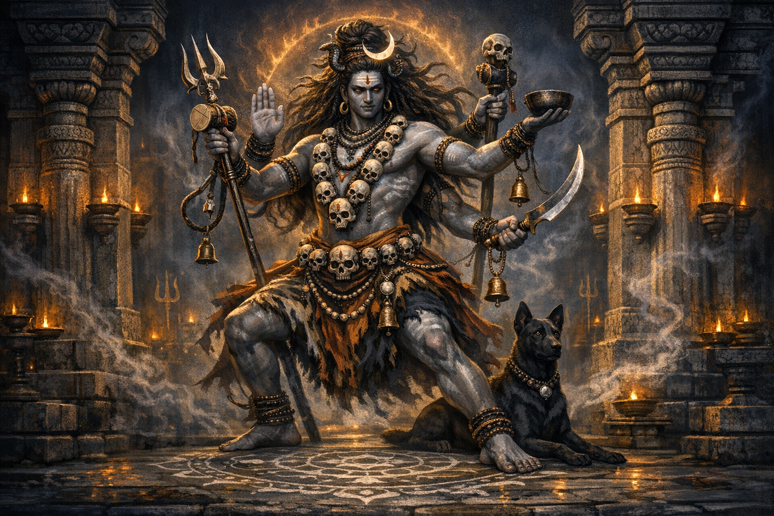Shiva as Bhairava in a torch-lit temple, haloed by fire, holding trident, drum, skull cup, and curved blade, wearing skull garlands and tiger skin, with a black dog resting at his feet.