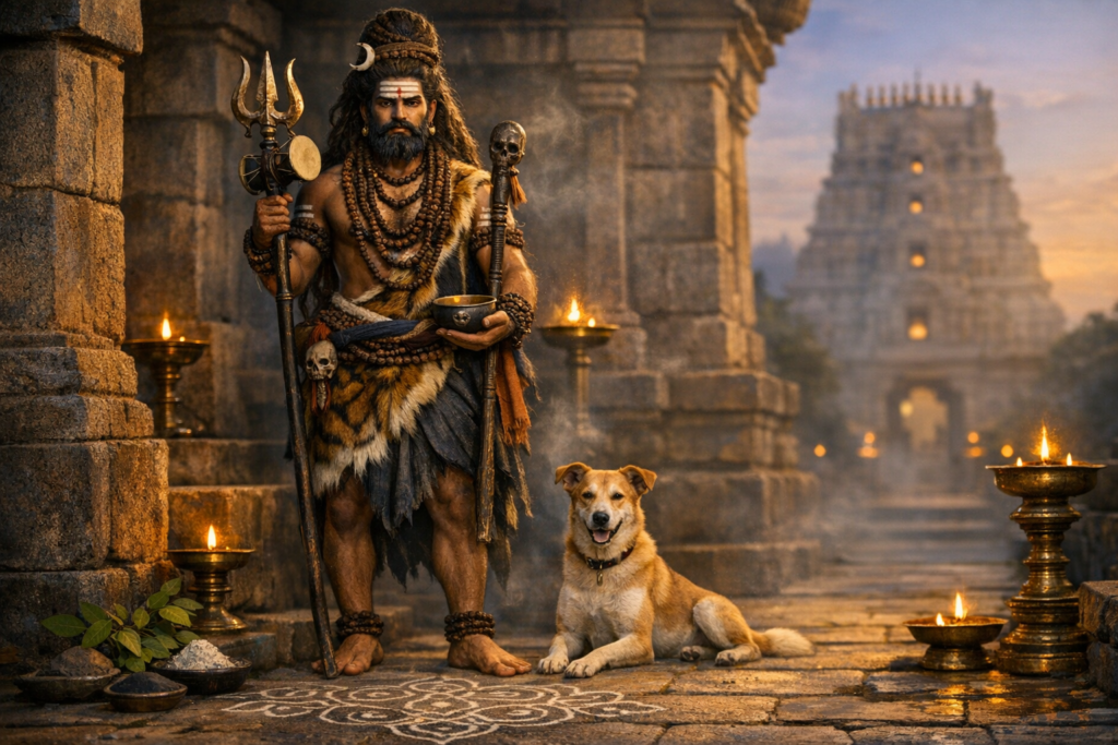 An ascetic-style figure grips a trident and small drum in a lamp-lit stone temple courtyard, barefoot beside a relaxed tan dog; a tiered gopuram rises in dusk haze beyond a fresh white rangoli pattern